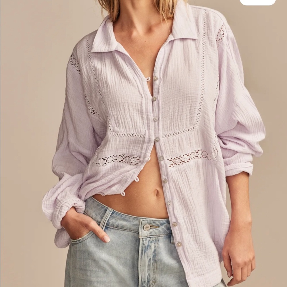 Lucky Brand Lavender Lace Inset Cotton Gauze Button Up Shirt Thistle Small NWT